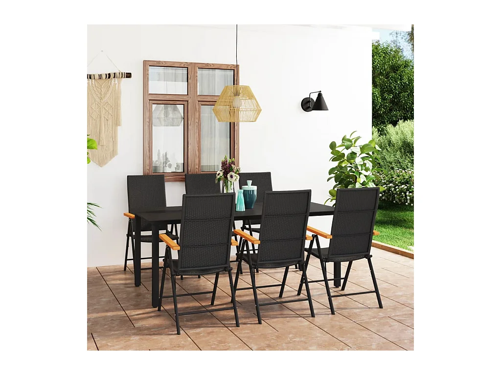 Ensemble de salle à manger de jardin 7 pièces Noir et marron