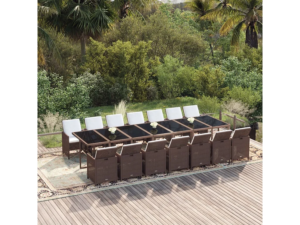 Ensemble à dîner de jardin coussins 15 pièces Résine tressée Marron