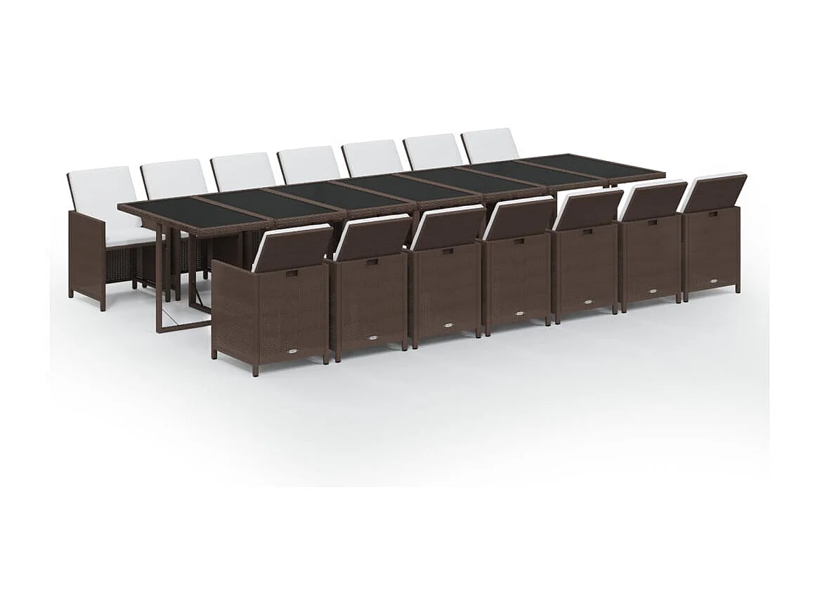 Ensemble à dîner de jardin coussins 15 pièces Résine tressée Marron