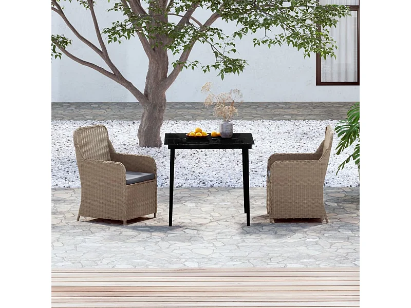 3 peças conjunto de jantar para jardim com almofadões castanho