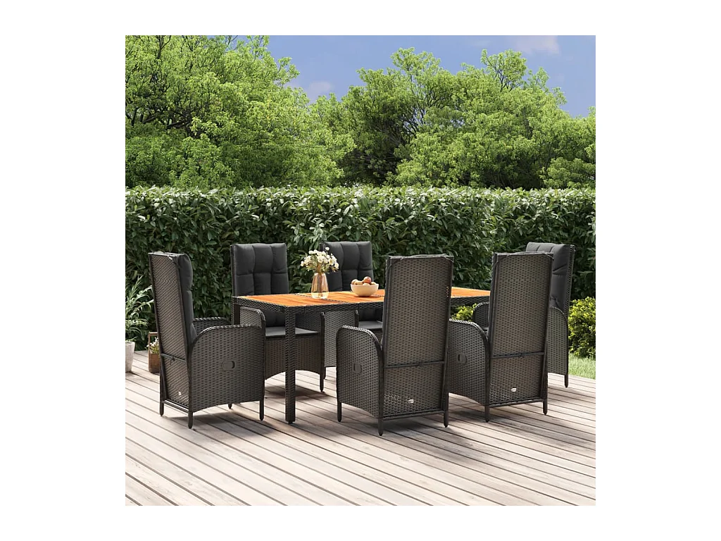 Ensemble à dîner de jardin et coussins 7 pièces Noir Résine tressée