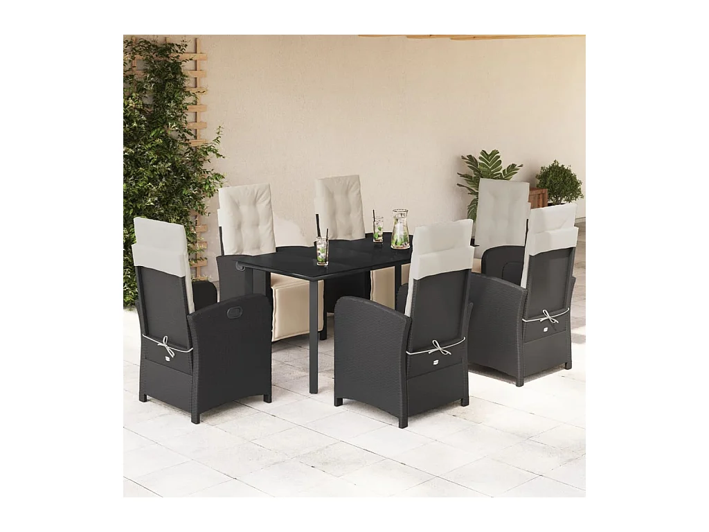 Ensemble à manger de jardin coussins 7 pièces Noir Résine tressée