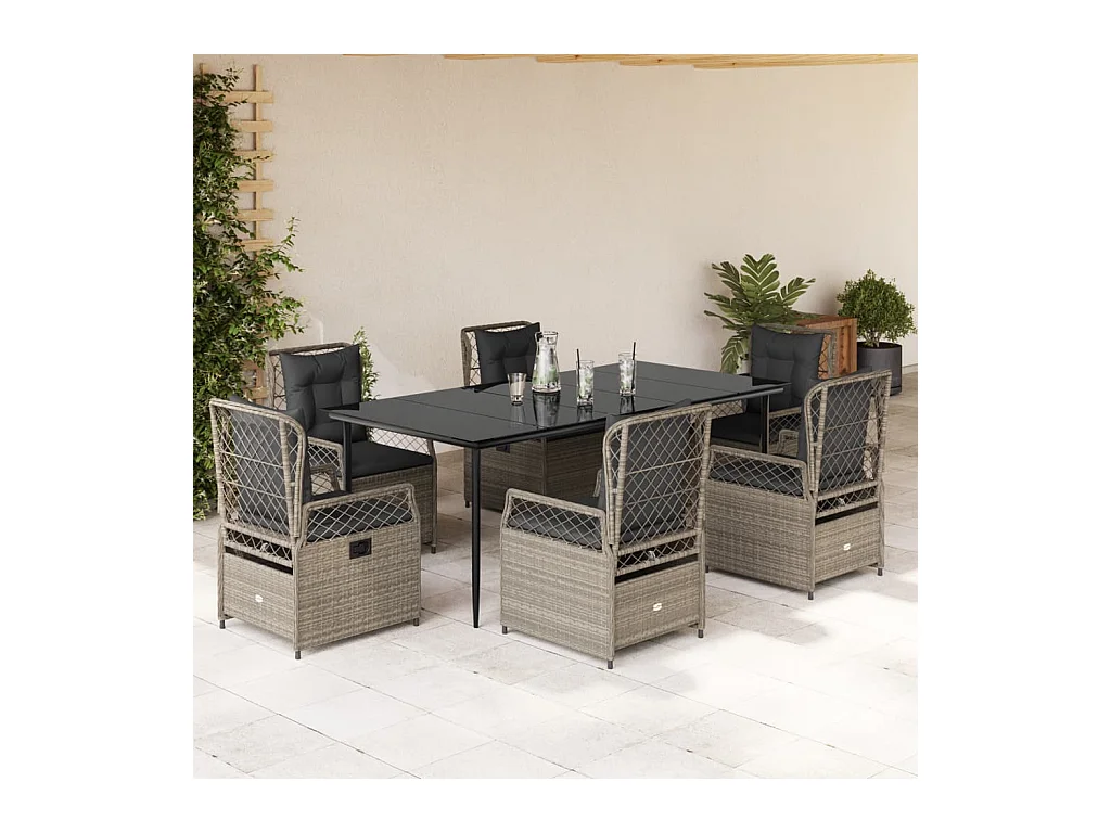 Set comedor jardín 7 piezas y cojines ratán sintético gris claro