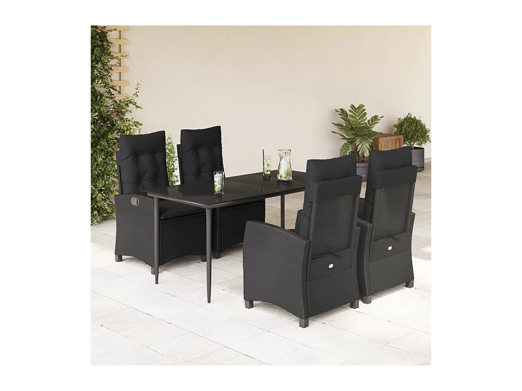 5-delige Tuinset met kussens poly rattan zwart