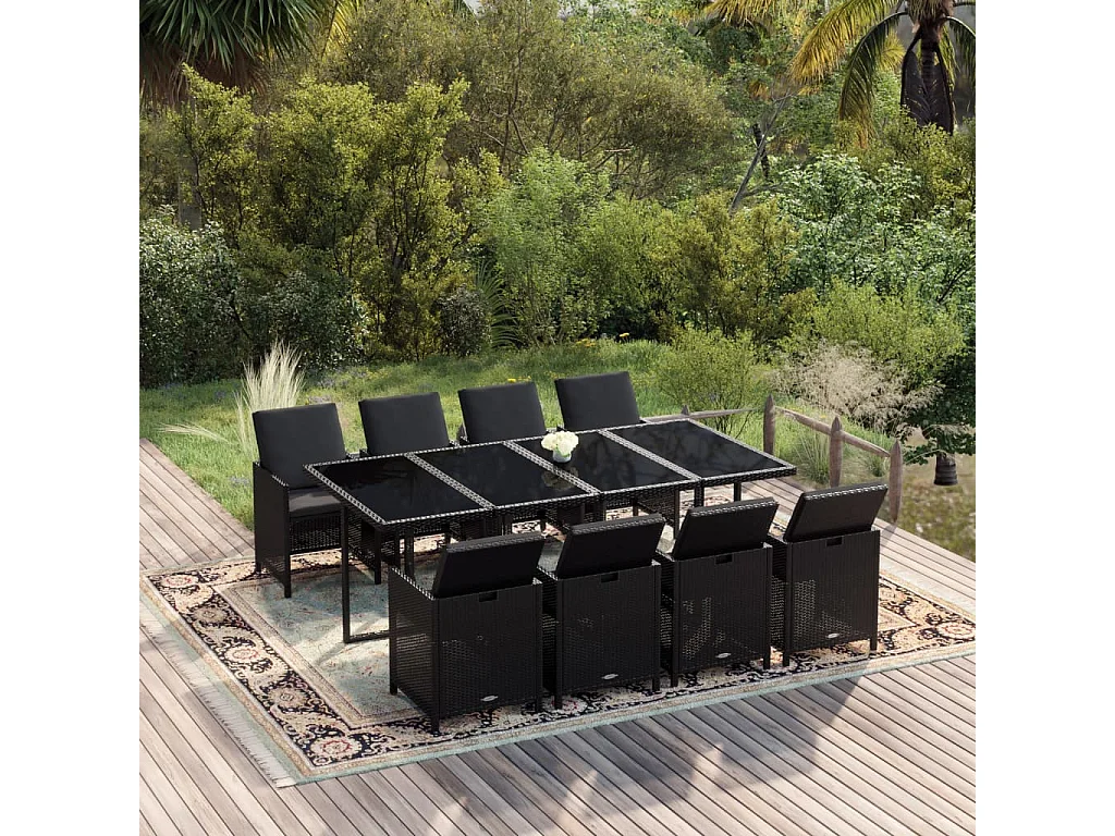 Set de comedor jardín 9 piezas con cojines ratán sintético negro