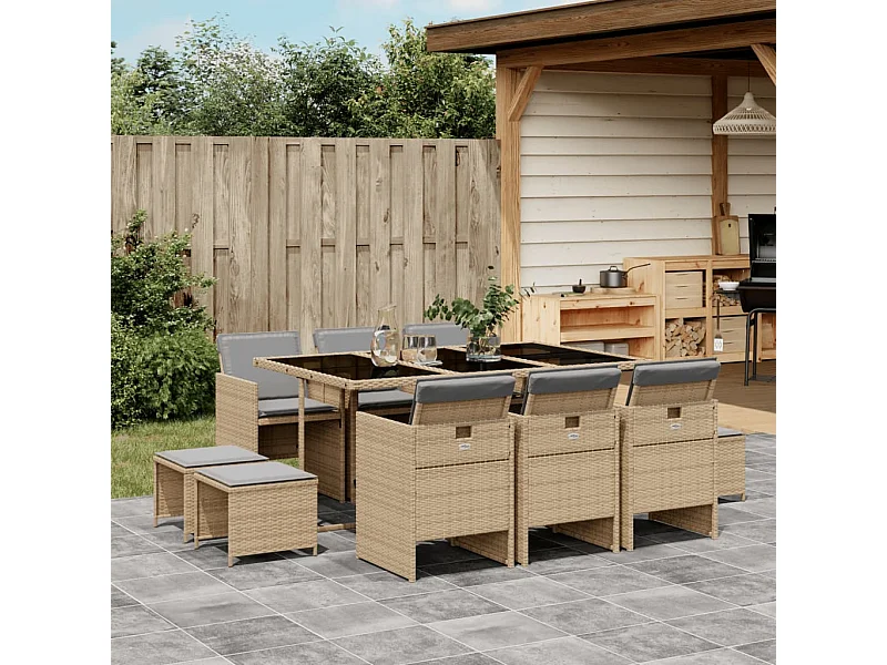 Ensemble à manger de jardin et coussins 11 pièces mélange beige
