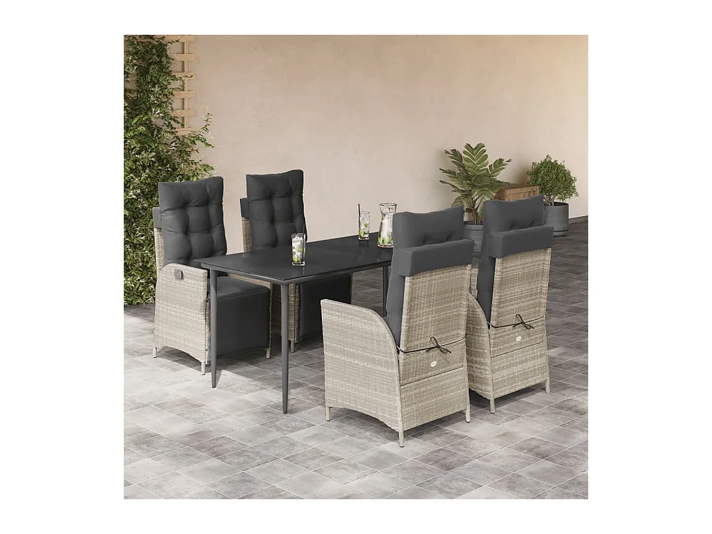 Ensemble à manger de jardin et coussins 5 pièces gris clair rotin