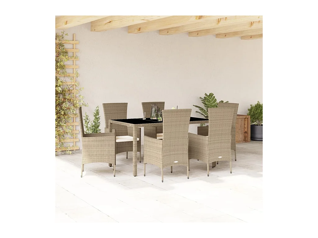 Ensemble à manger de jardin et coussins 7 pièces beige poly rotin