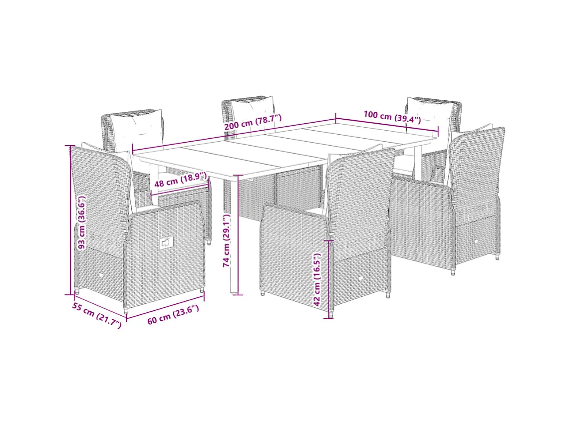 Set comedor de jardín 7 piezas con cojines ratán sintético marrón