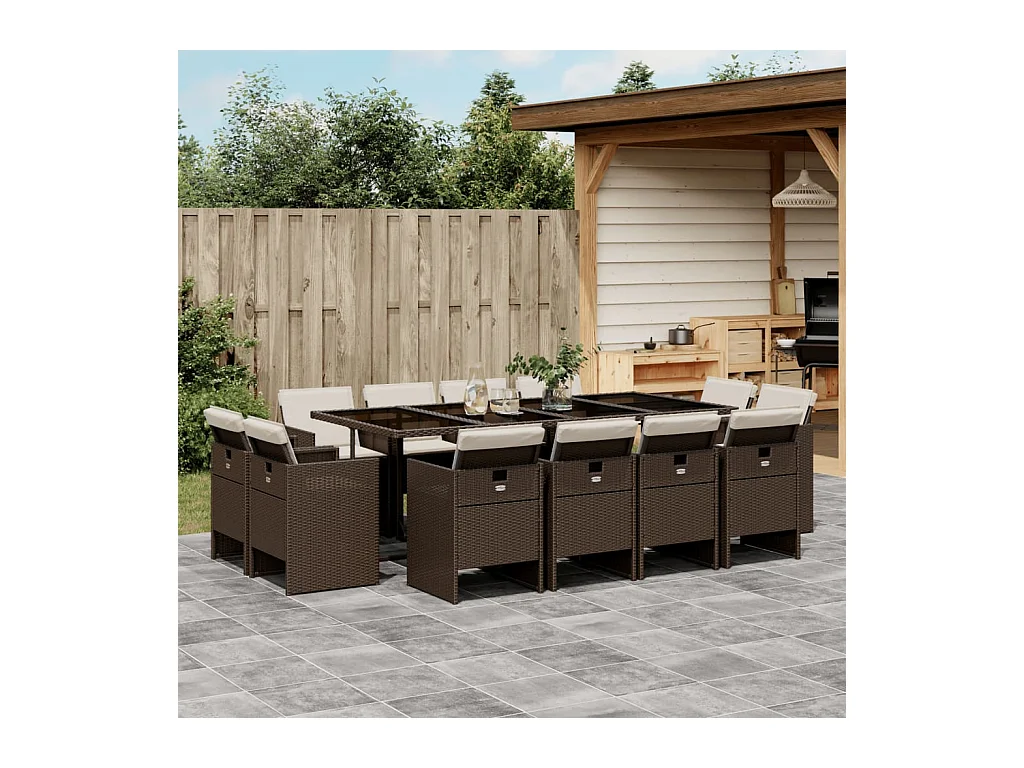 Set muebles de jardín 13 piezas y cojines ratán sintético marrón