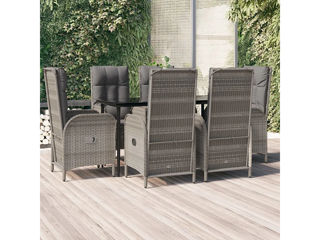 Mobilier à dîner de jardin et coussins 7 pièces Noir et gris Rotin