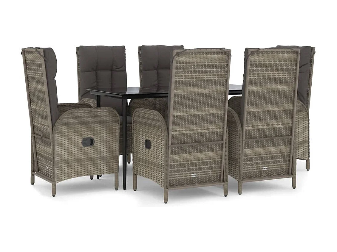 Mobilier à dîner de jardin et coussins 7 pièces Noir et gris Rotin