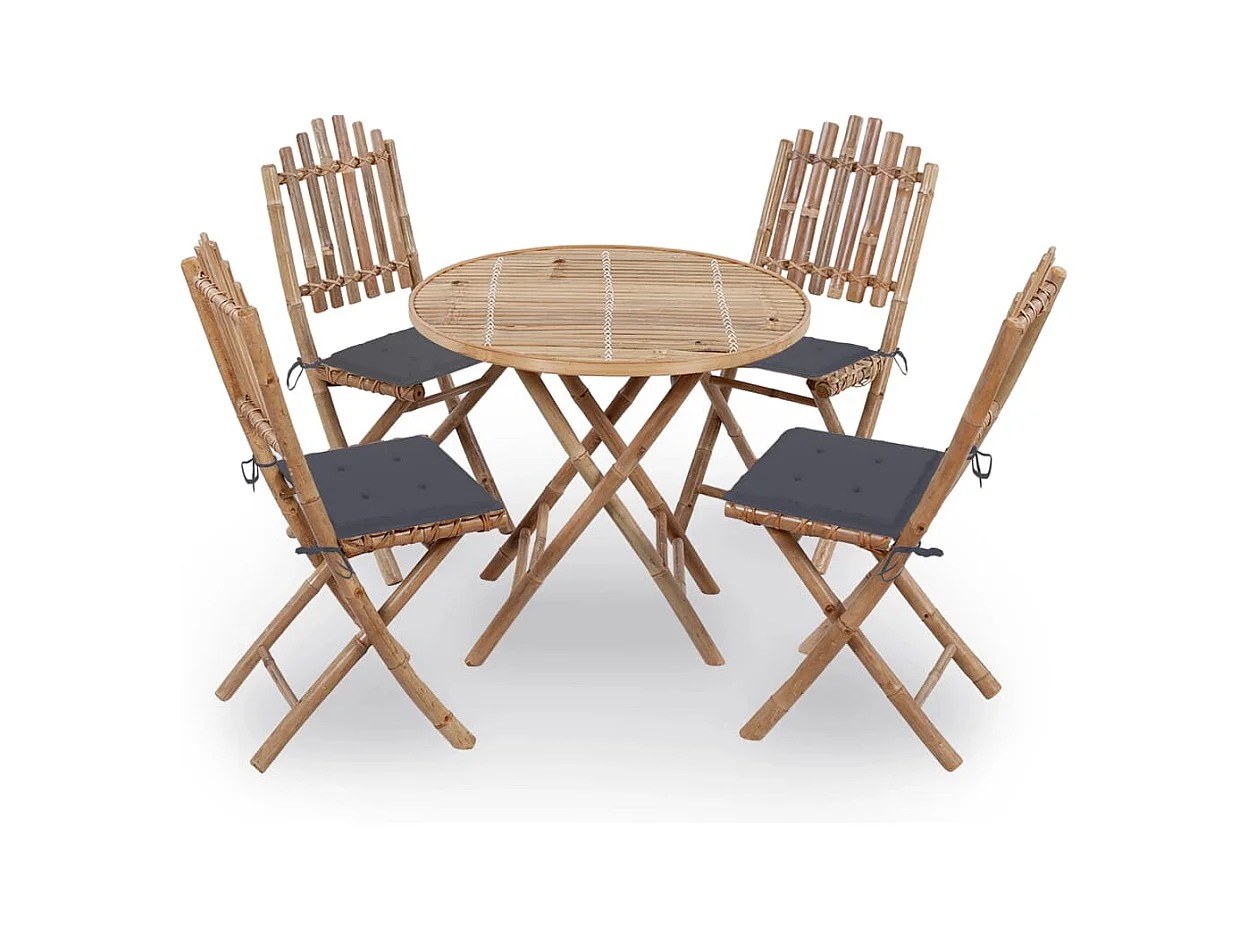 Mobilier à dîner d'extérieur pliable 5 pièces avec coussins Bambou
