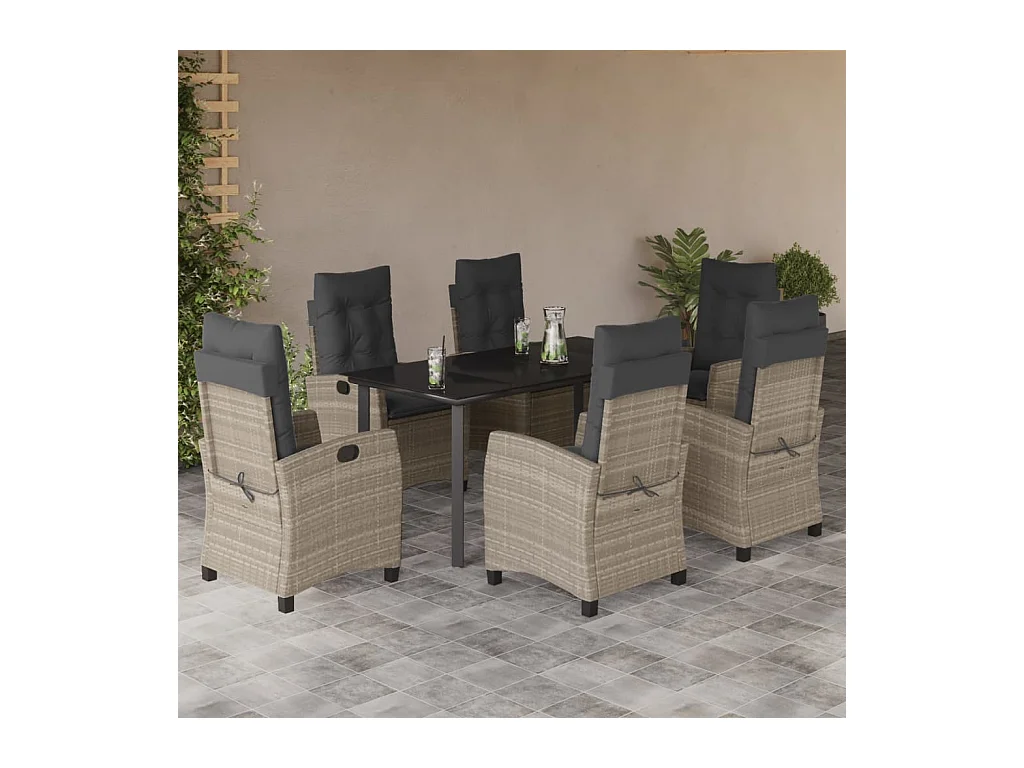 Ensemble à manger de jardin et coussins 7 pièces gris clair rotin