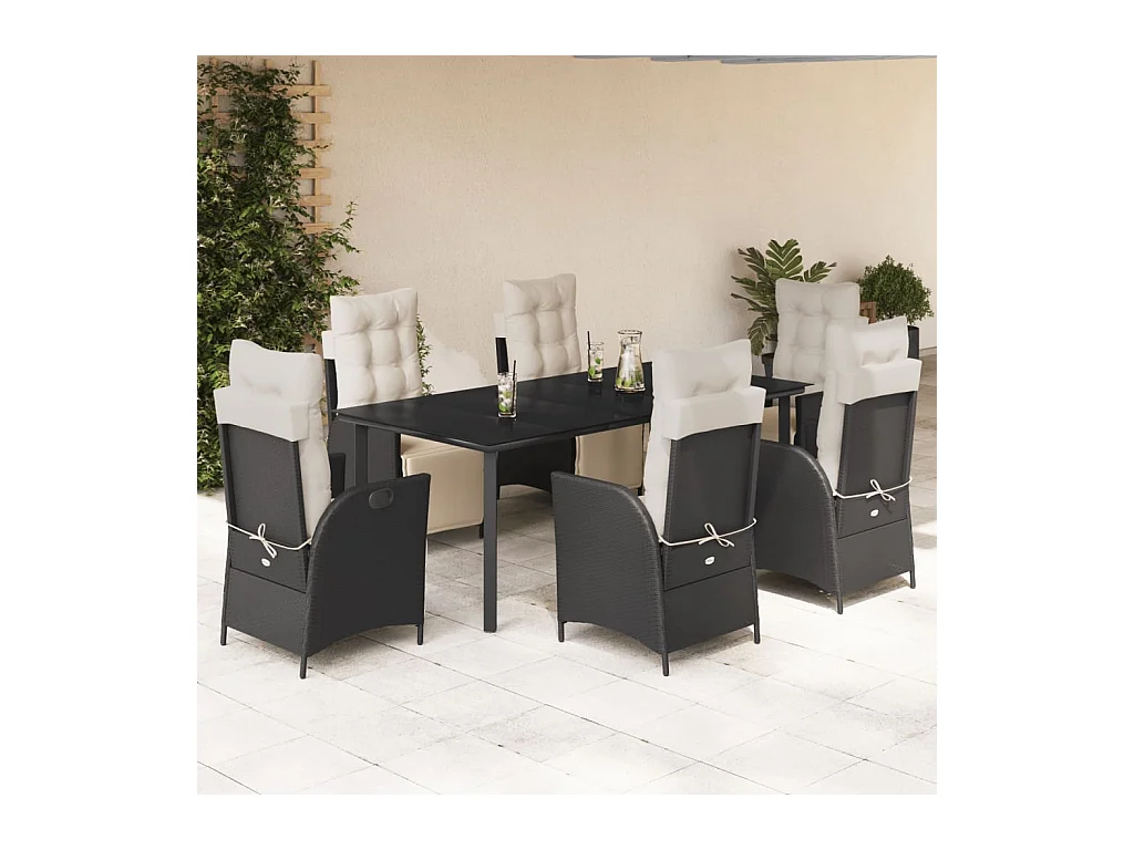 Ensemble à manger de jardin coussins 7 pièces Noir Résine tressée