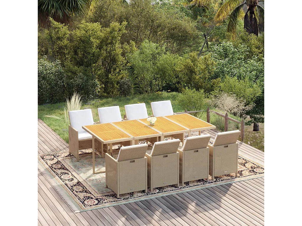 Set de comedor jardín 9 piezas con cojines ratán sintético beige