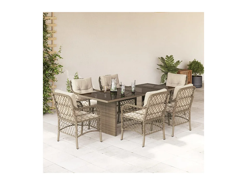 Ensemble à manger de jardin et coussins 7 pièces beige poly rotin