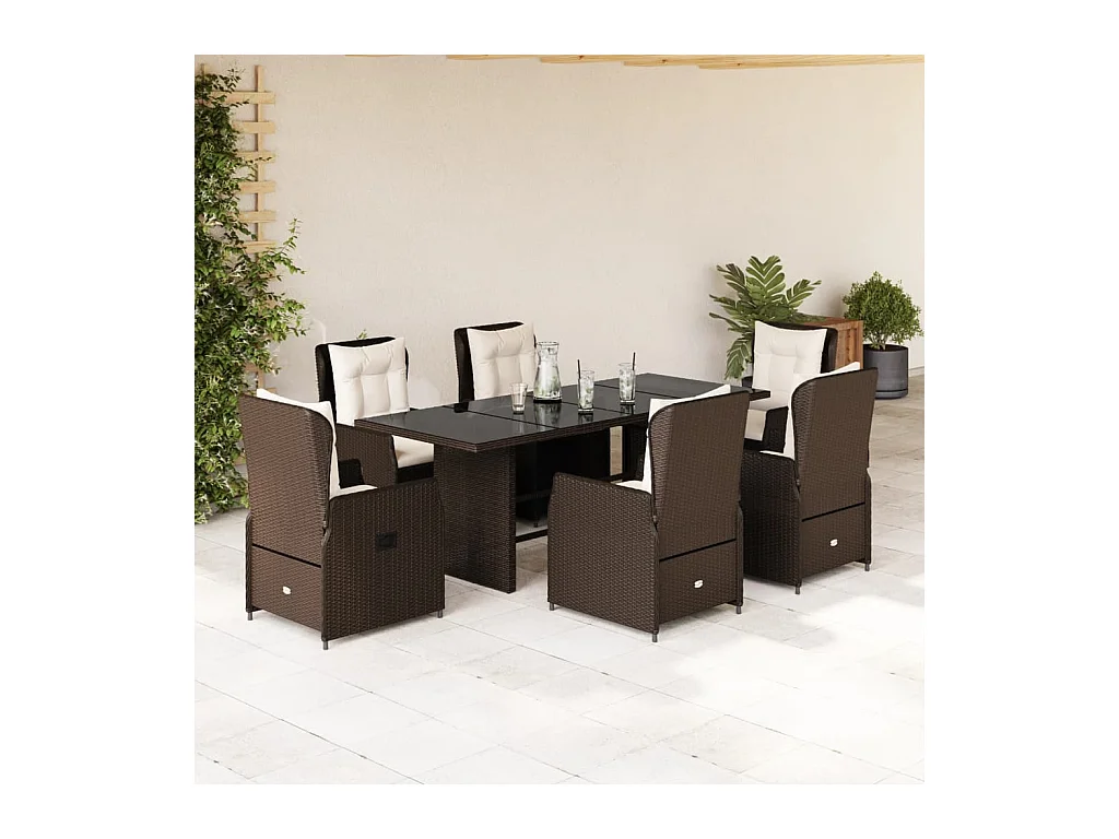 Ensemble à manger de jardin et coussins 7 pièces marron rotin