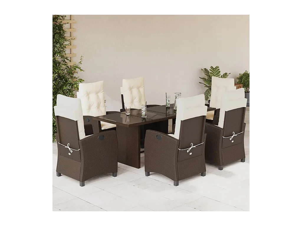 Ensemble à manger de jardin et coussins 7 pièces marron rotin