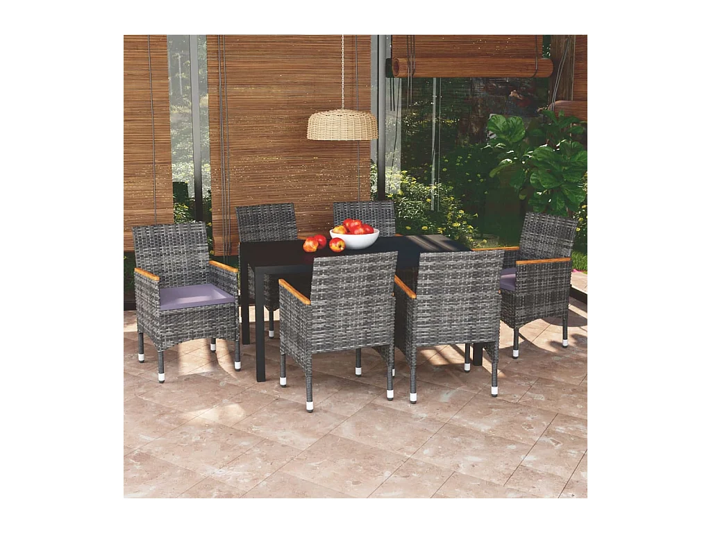 Mobilier à dîner de jardin et coussins 7 pièces Résine tressée Gris