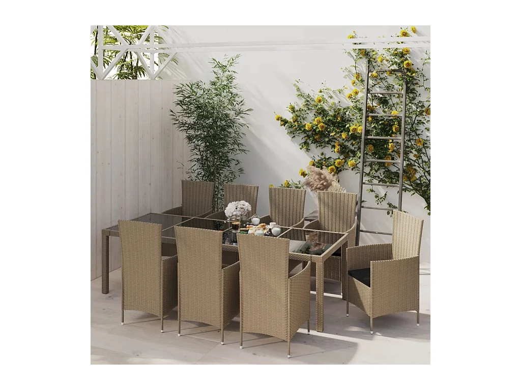 Mobilier à dîner de jardin 11 pièces coussins Résine tressée Beige