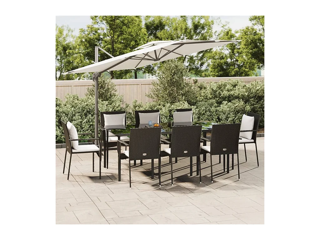 Ensemble à dîner de jardin et coussins 7 pièces Noir Résine tressée