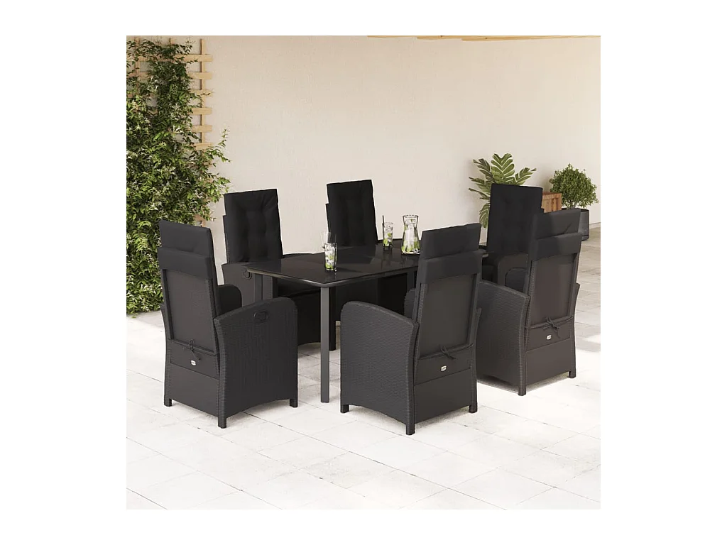 Ensemble à manger de jardin coussins 7 pièces Noir Résine tressée