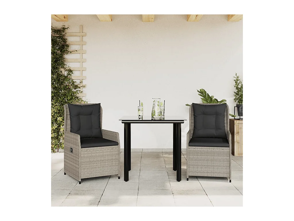 Ensemble à manger de jardin 3 pièces coussins gris clair poly rotin