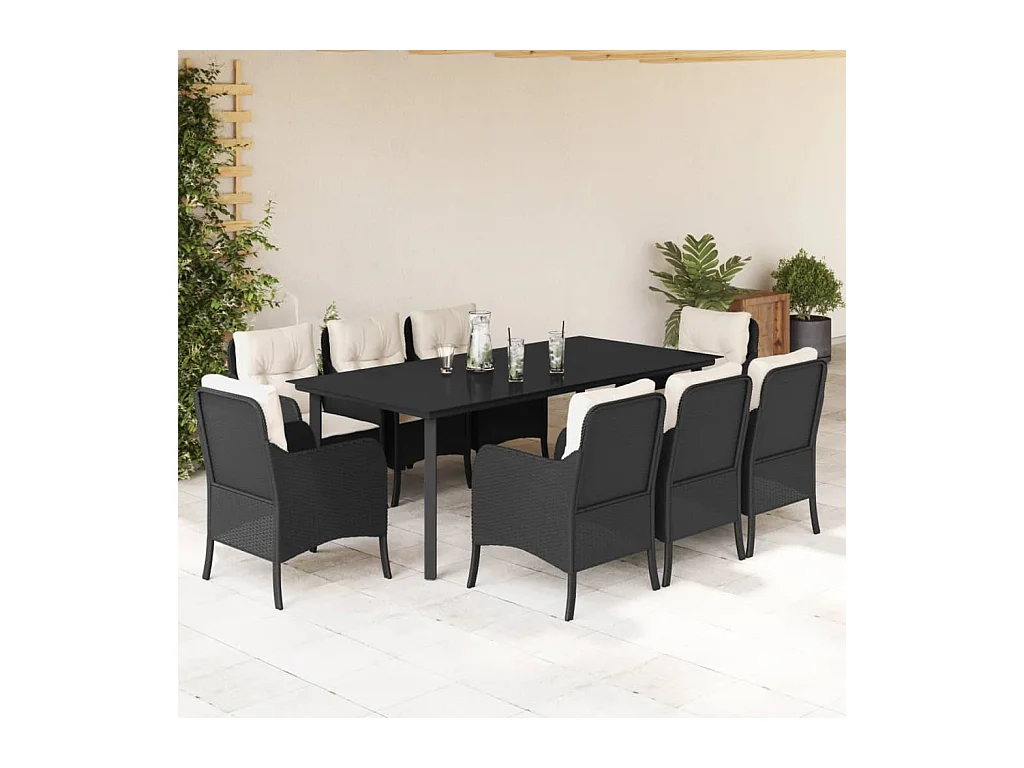 9 peças conjunto de jantar p/ jardim c/ almofadões vime PE preto
