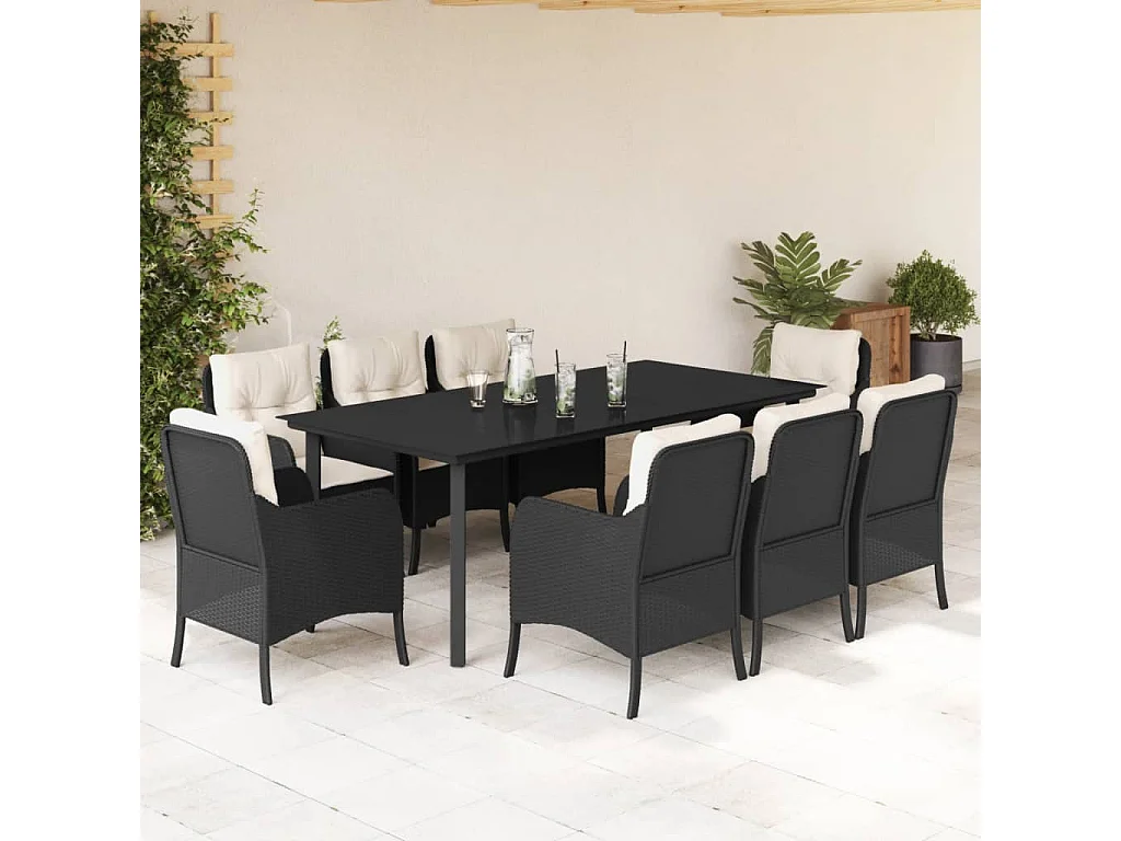 9 peças conjunto de jantar p/ jardim c/ almofadões vime PE preto