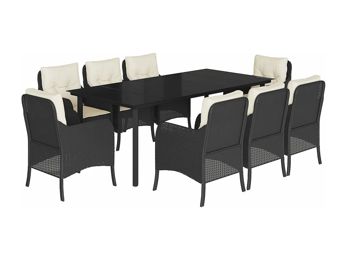 9 peças conjunto de jantar p/ jardim c/ almofadões vime PE preto