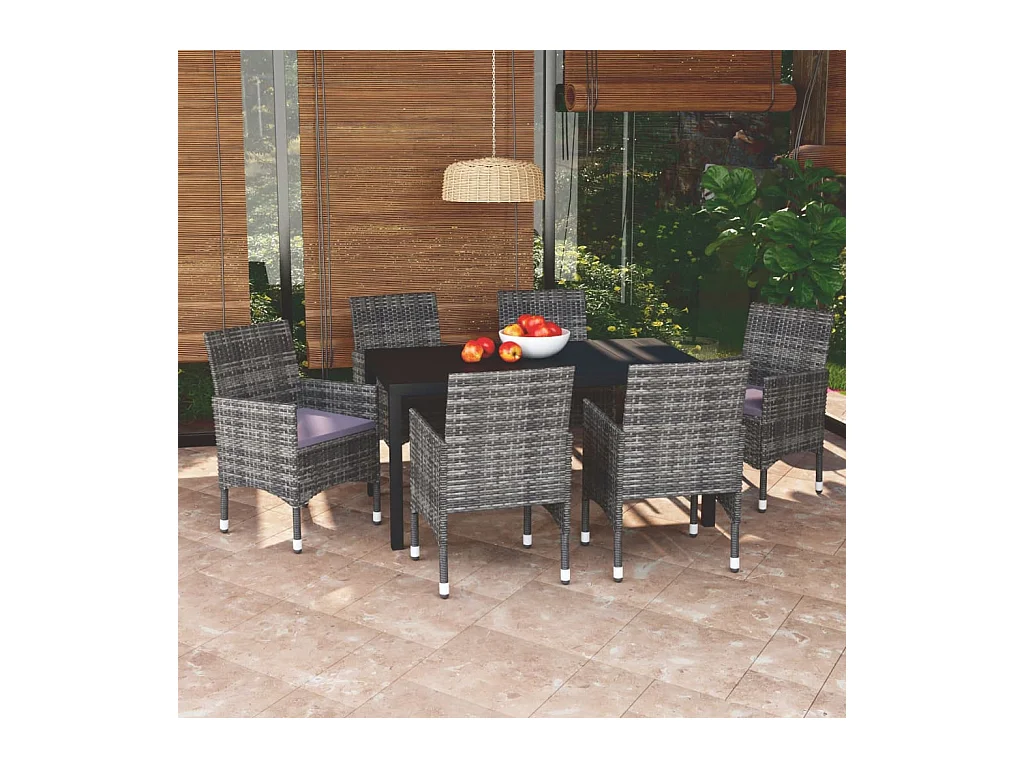 Mobilier à dîner de jardin et coussins 7 pièces Résine tressée Gris