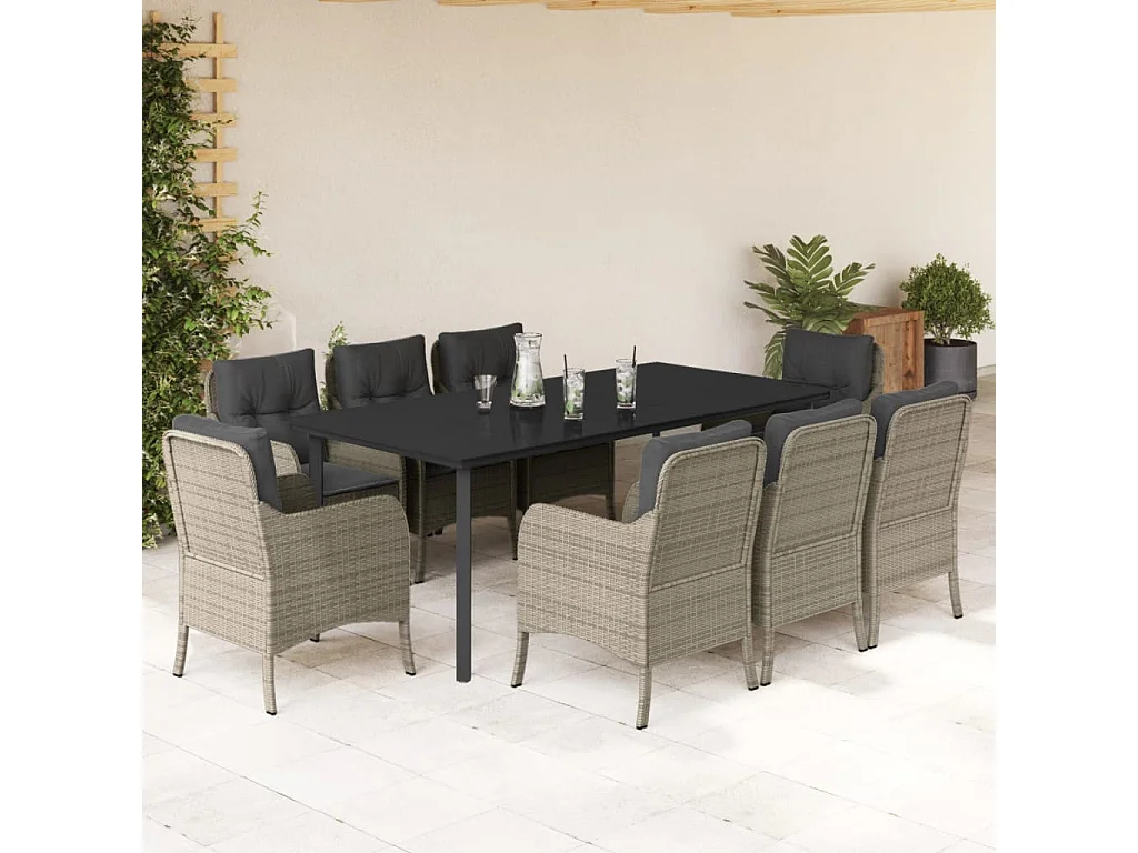 Set comedor de jardín 9 piezas cojines ratán sintético gris claro