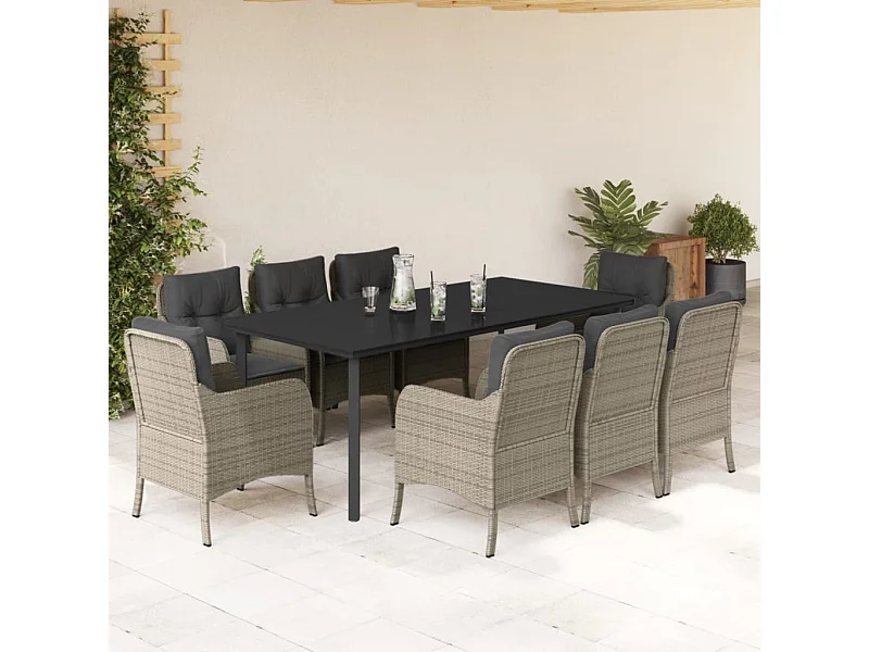Set comedor de jardín 9 piezas cojines ratán sintético gris claro