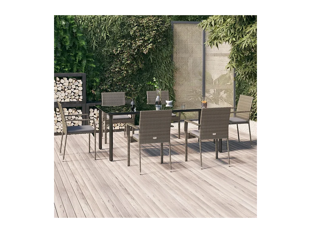 7-delige Tuinset met kussens poly rattan zwart en grijs
