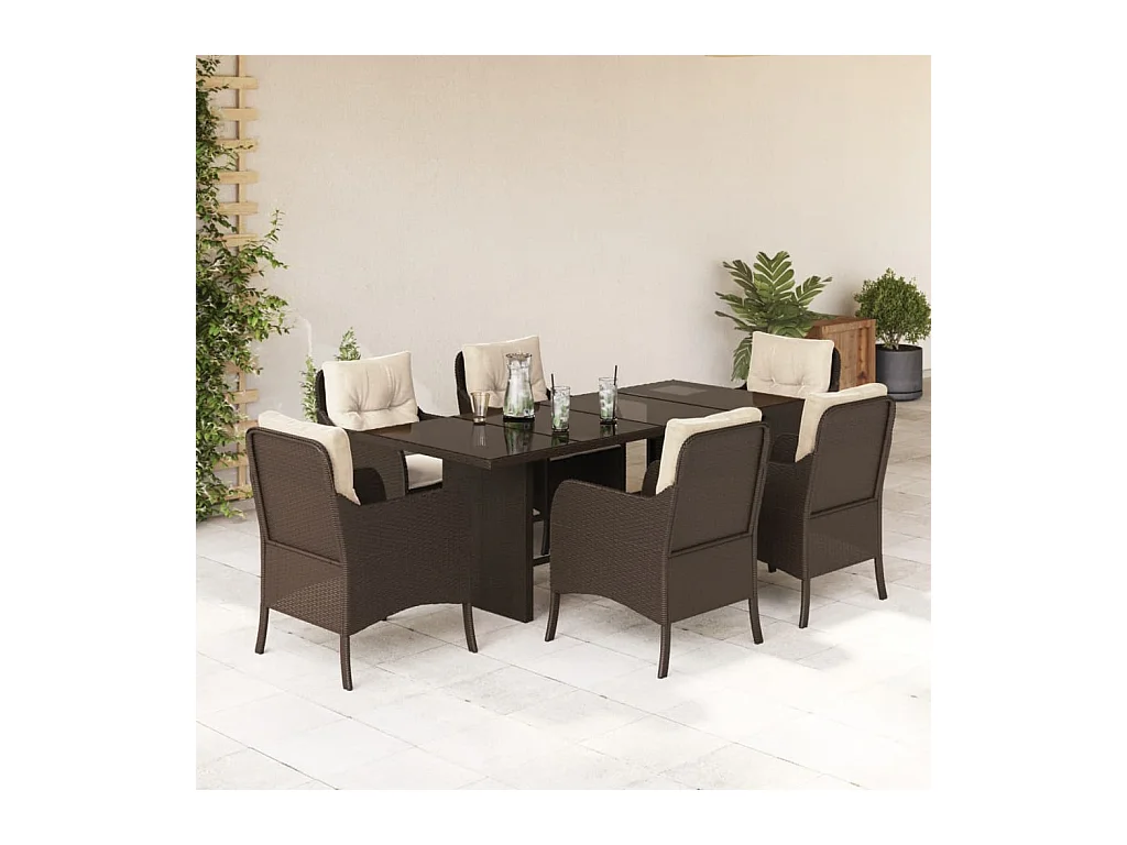 Ensemble à manger de jardin et coussins 7 pièces marron rotin