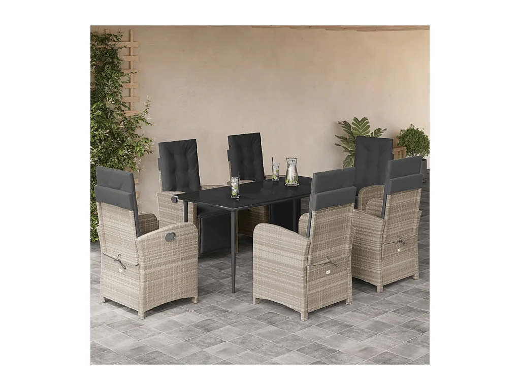 Ensemble à manger de jardin et coussins 7 pièces gris clair rotin
