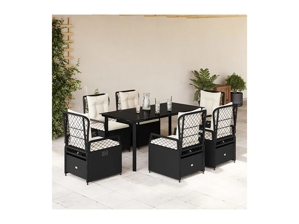 Ensemble à manger de jardin coussins 7 pièces Noir Résine tressée