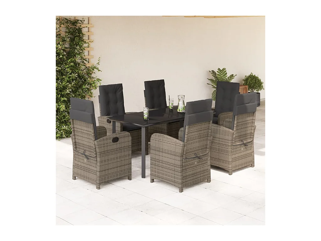 Ensemble à manger de jardin et coussins 7 pièces gris rotin