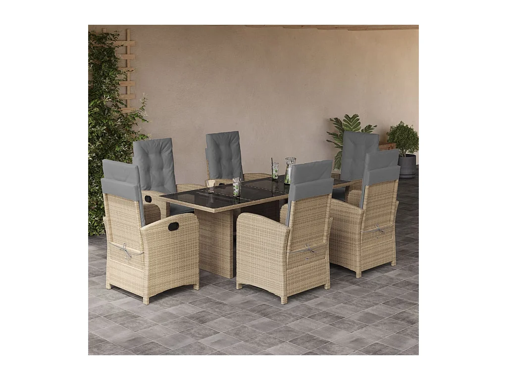 Ensemble à manger de jardin coussins 7 pièces mélange beige rotin