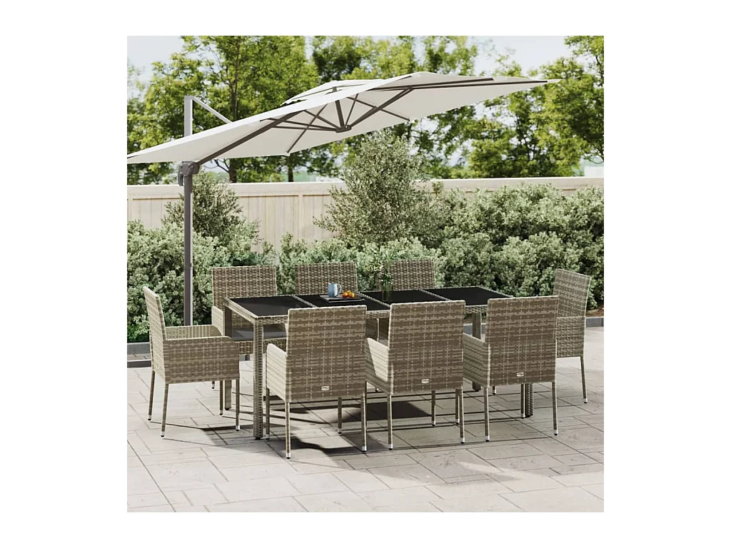 Ensemble de salle à manger de jardin 9 pièces avec coussins Gris