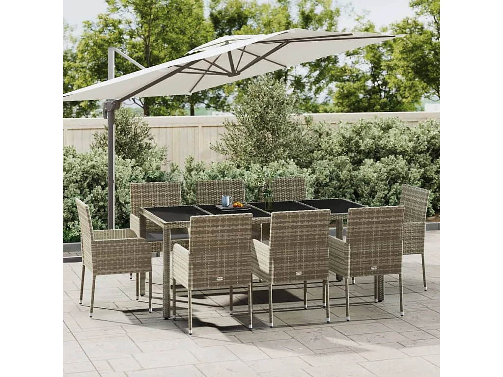 Ensemble de salle à manger de jardin 9 pièces avec coussins Gris