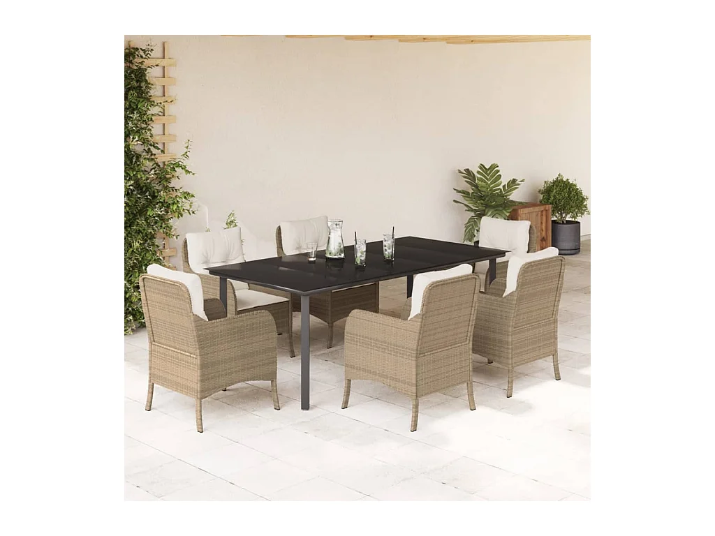 7 peças conjunto de jantar p/ jardim com almofadões vime PE bege