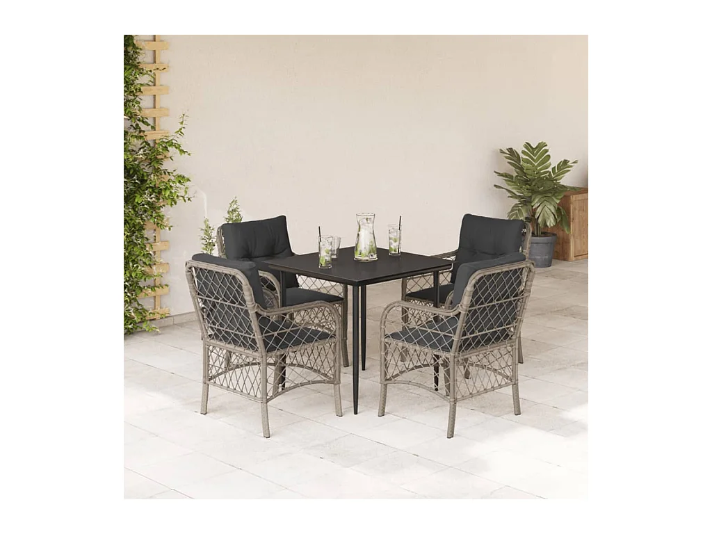 Ensemble à manger de jardin et coussins 5 pièces gris clair rotin