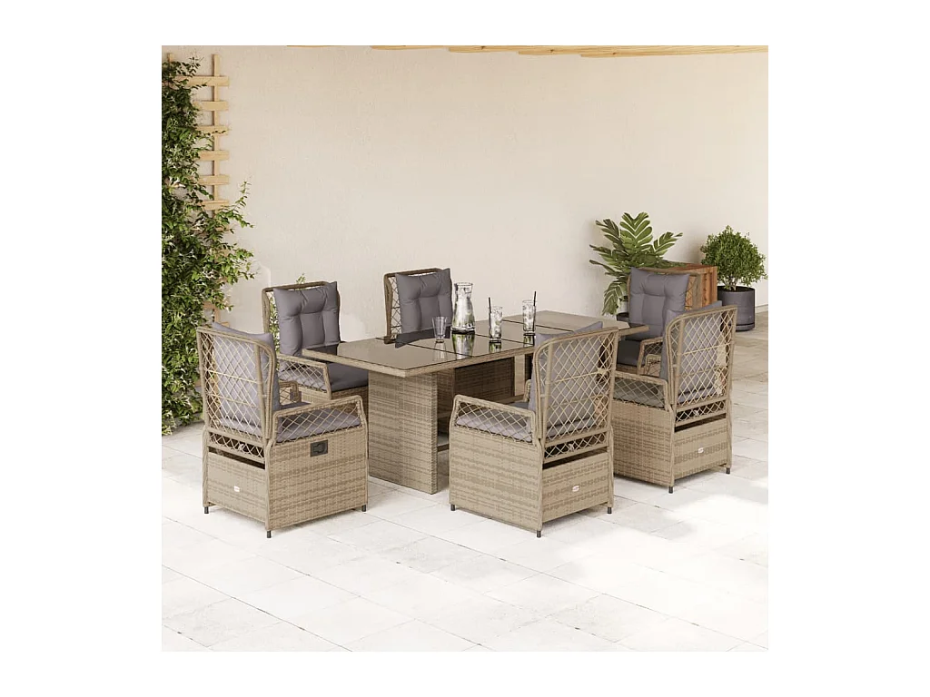 Set comedor de jardín 7 piezas con cojines ratán sintético beige