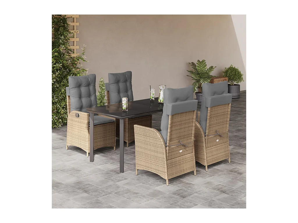 Ensemble à manger de jardin avec coussins 5 pièces Beige poly rotin