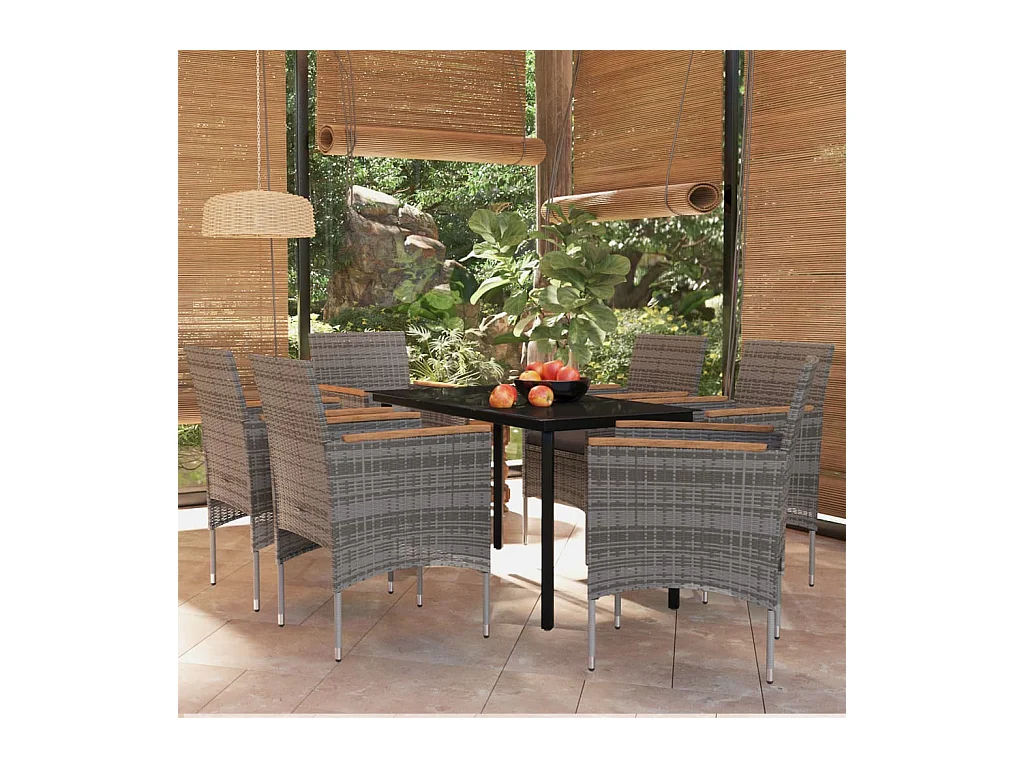 Juego de comedor de jardín 7 piezas con cojines gris y negro