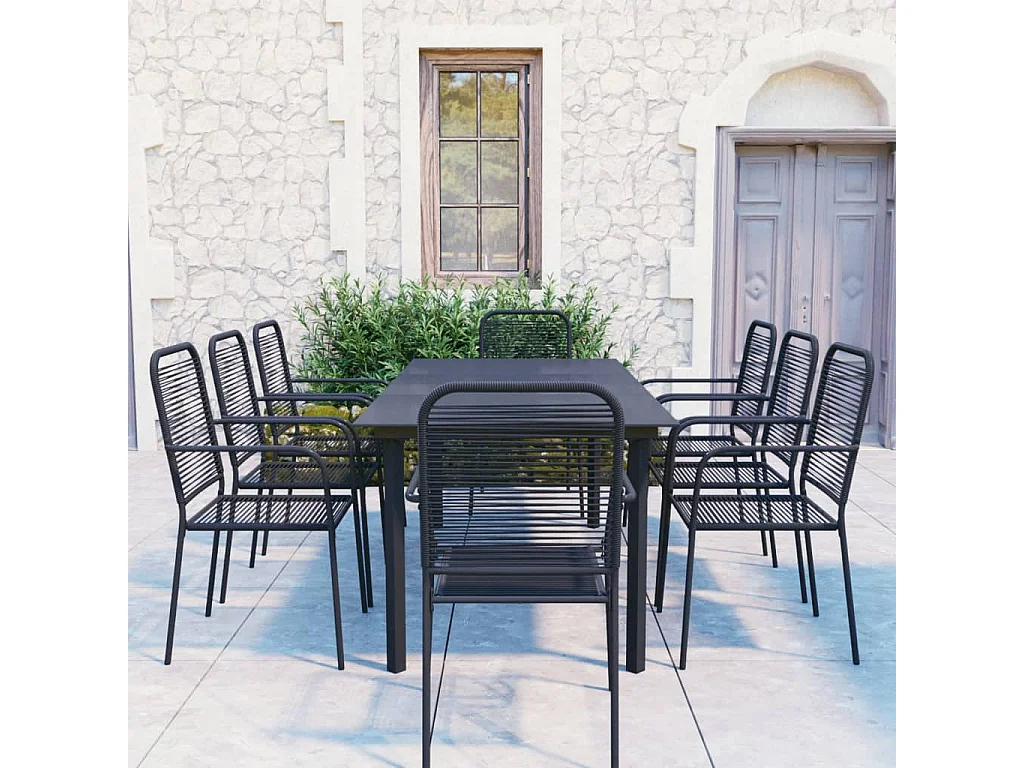 Set de comedor de jardín 9 piezas vidrio y acero negro