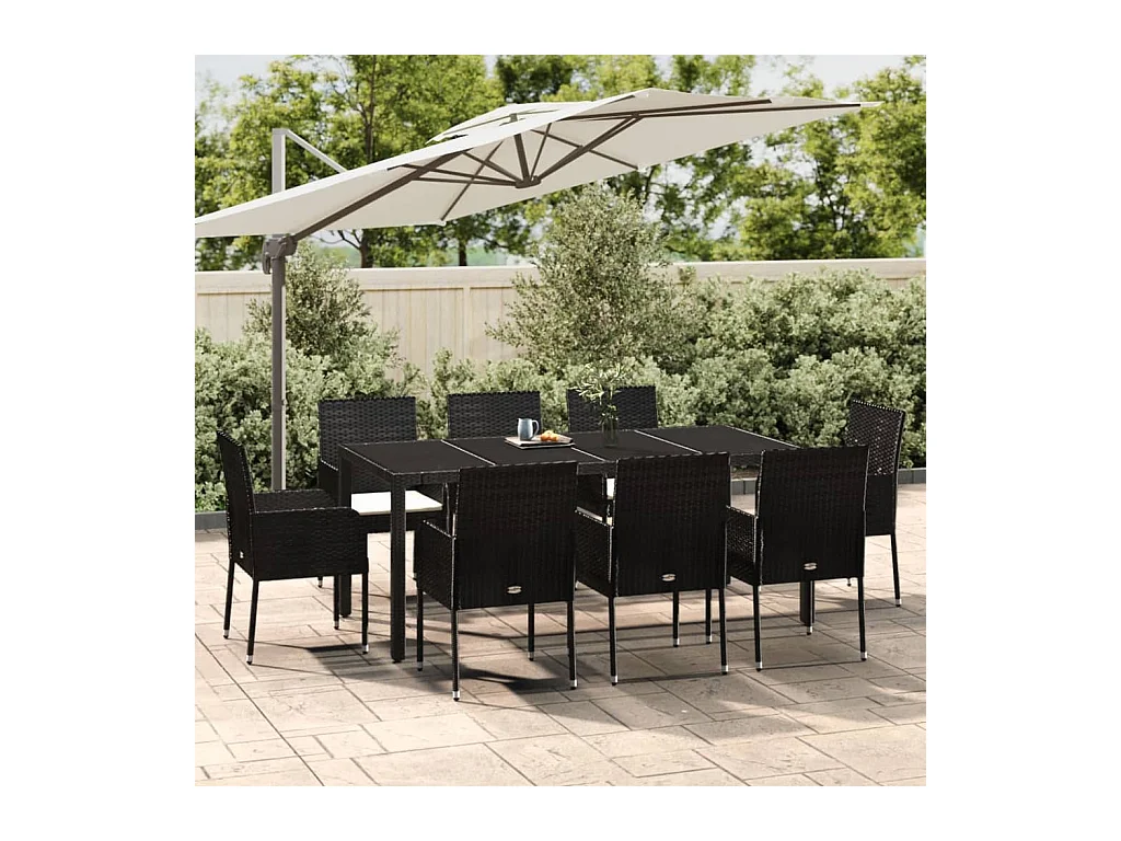 Mobilier à dîner de jardin 9 pièces et coussins noir résine tressée