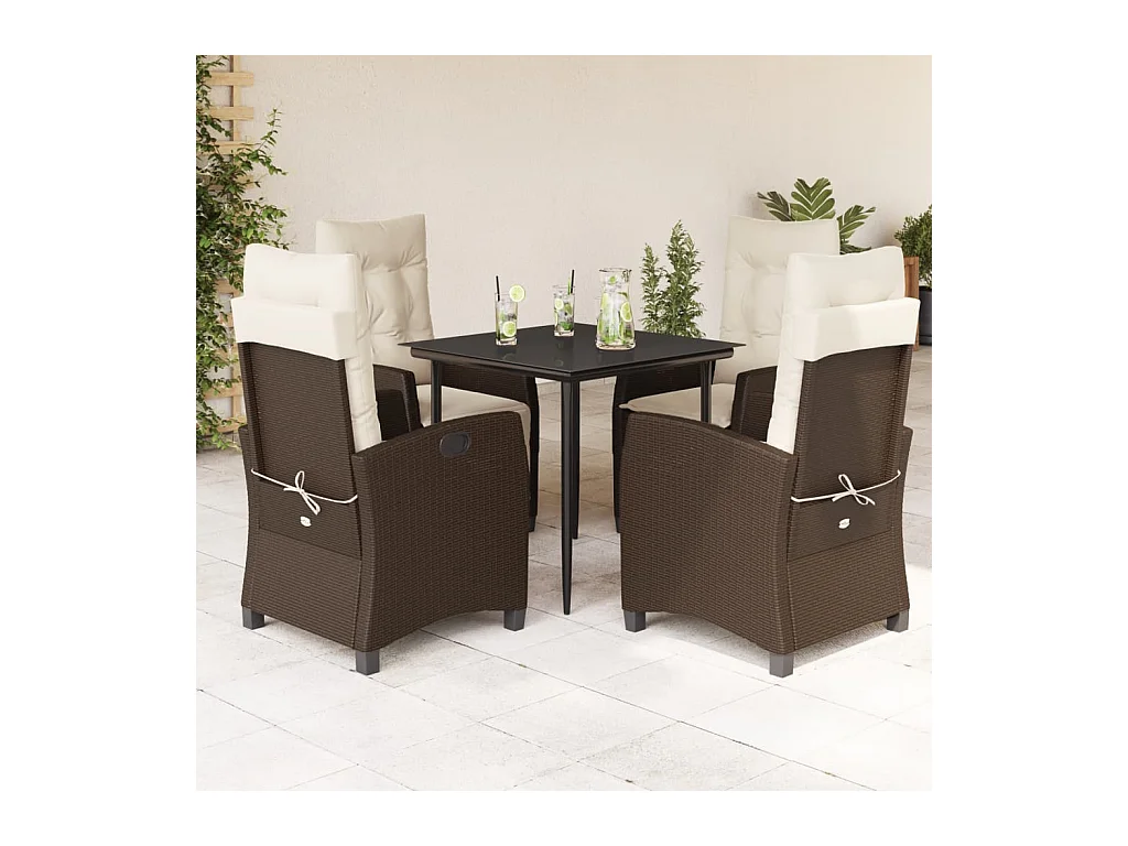 Ensemble à manger de jardin 5 pièces et coussins marron poly rotin
